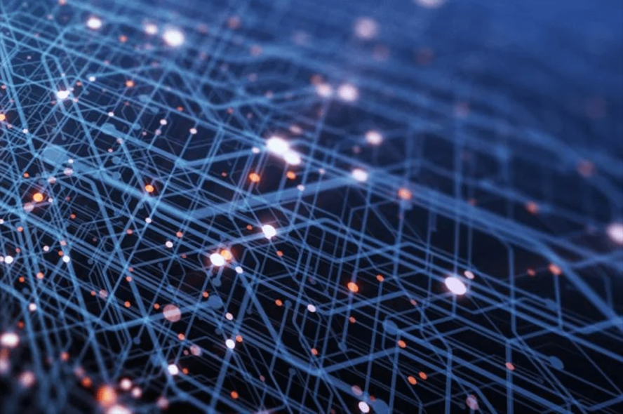 Many nodes connected together with white lines against a blue background.