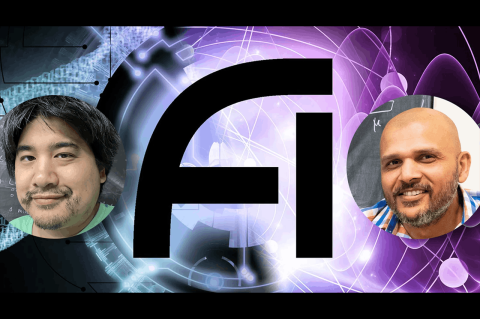 AI graphic with two faculty portraits and abstract digital and physics-themed background.