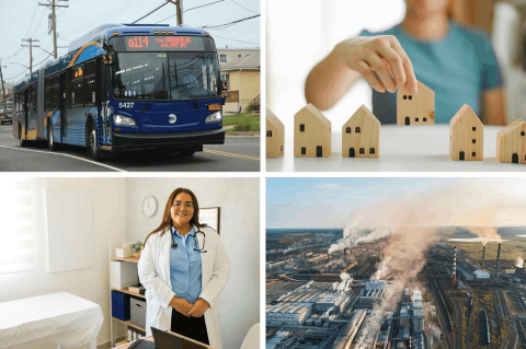 4 different images including a public bus, toy wooden houses, a physician, and a pollution urban area